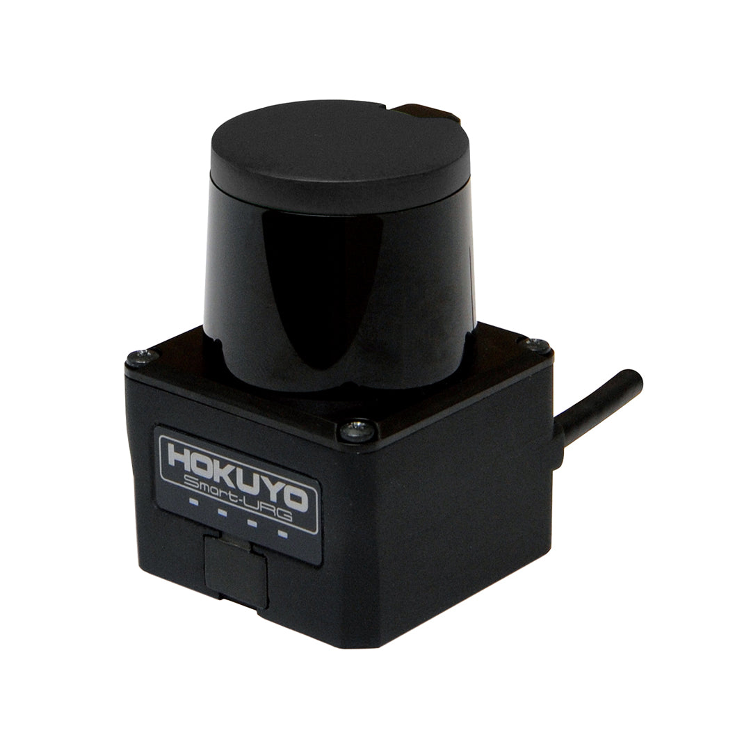 The UST-05LN compact obstacle detection sensor for AGV navigation, featuring a 270-degree field-of-view and 5-meter real-time detection