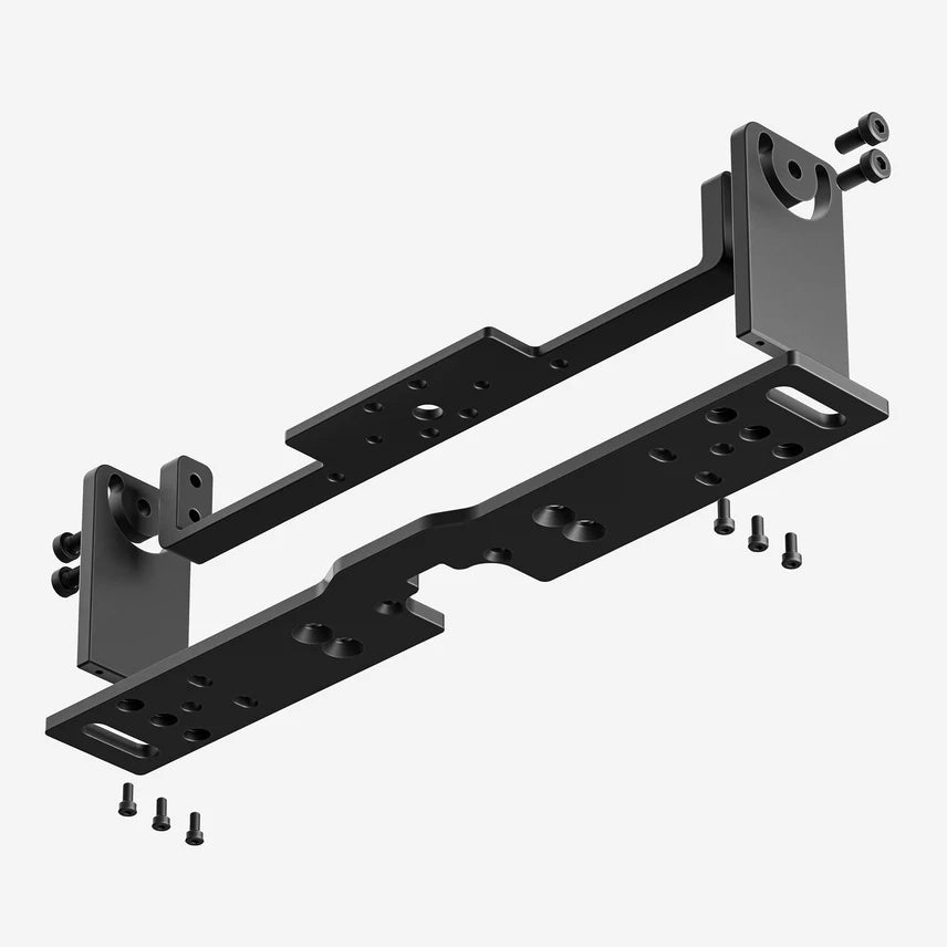 A black metal mounting bracket assembly with several small screws shown below it, photographed on a clean light gray background.