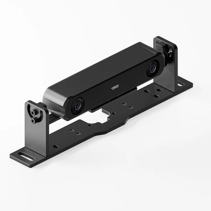 A black Oreo brand 3D depth camera mounted on a matching black metal bracket, shown on a clean white background.