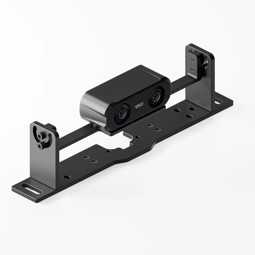 Black metal bracket with a camera on a white background