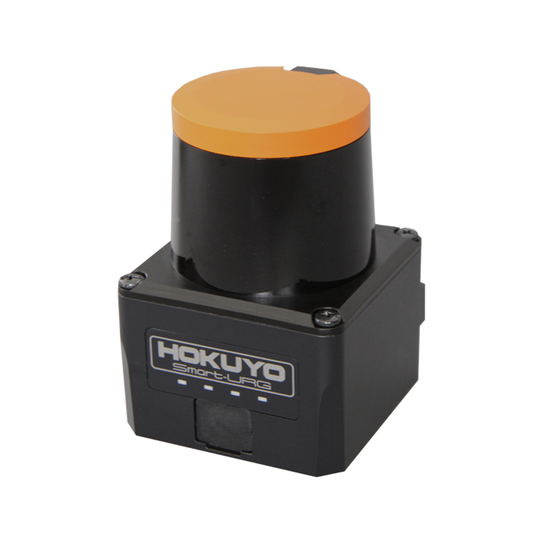Compact UST-10LX 2D LiDAR sensor for AMR and AGV obstacle detection. Features 270-degree field of view, 10-meter range, and Ethernet connectivity